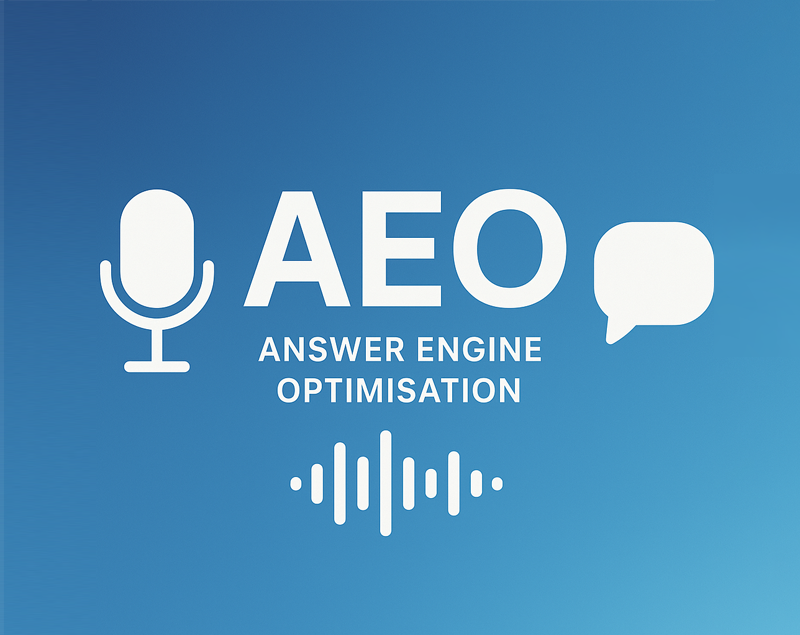 AEO banner with a microphone icon, speech bubble and sound-wave graphic beside the words Answer Engine Optimisation on a blue gradient background.