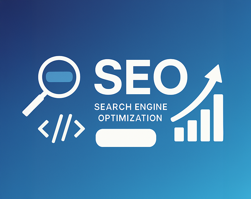 SEO banner showing a magnifying glass, search bar, code brackets and upward growth arrow on a blue gradient background, representing Search Engine Optimisation.